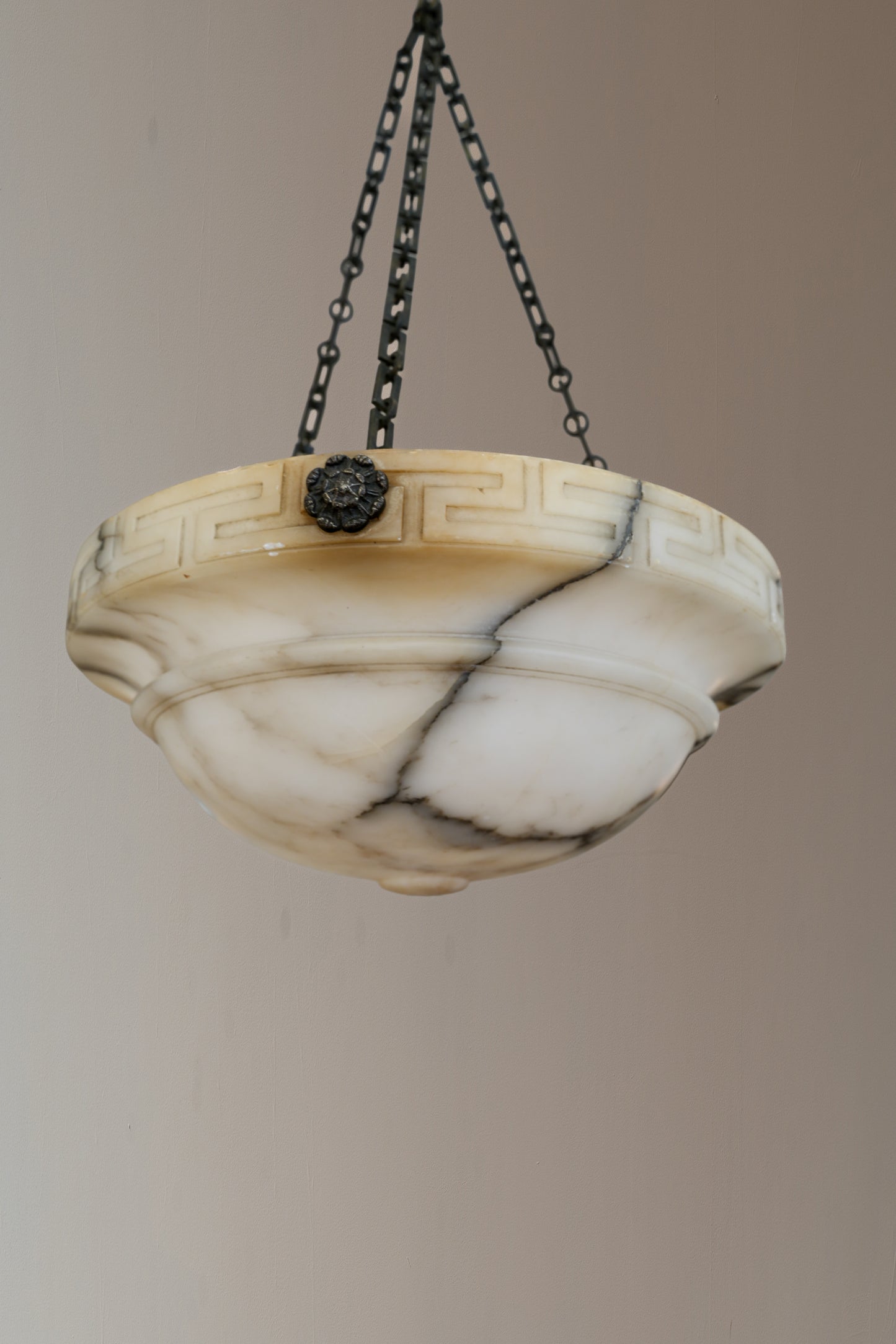 Neoclassical alabaster pendant light.