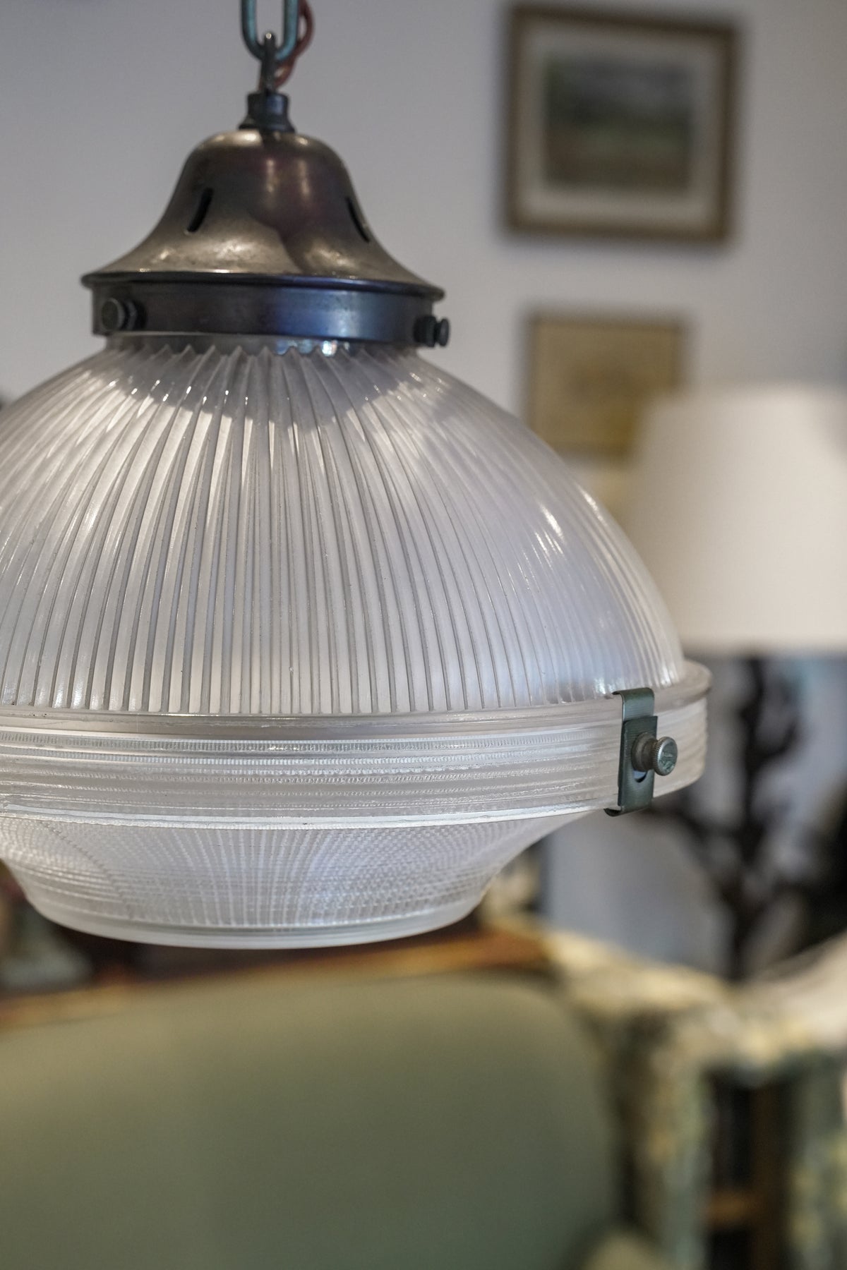Large Prismatic Holophane Pendant Light.