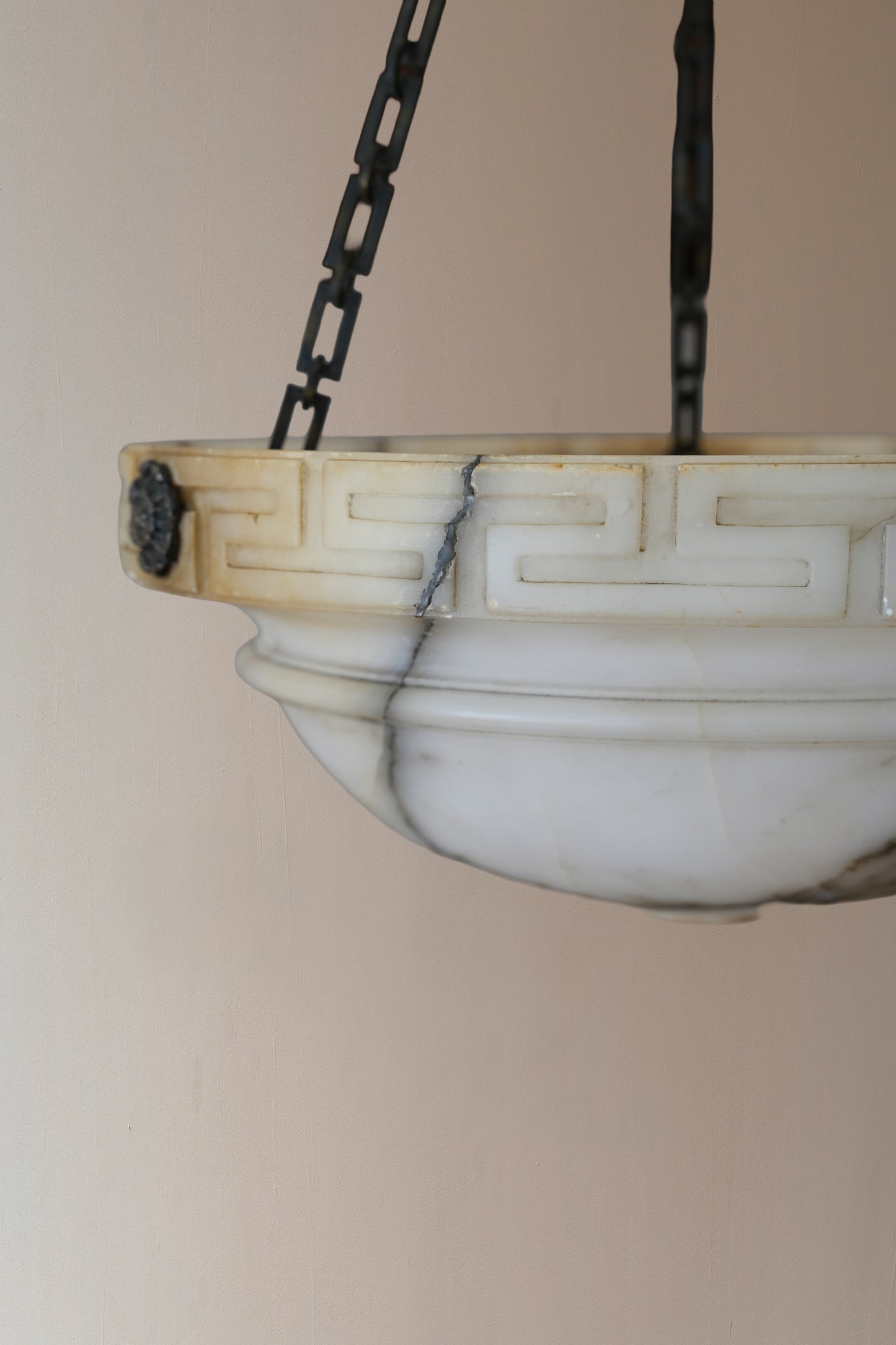 Neoclassical alabaster pendant light.