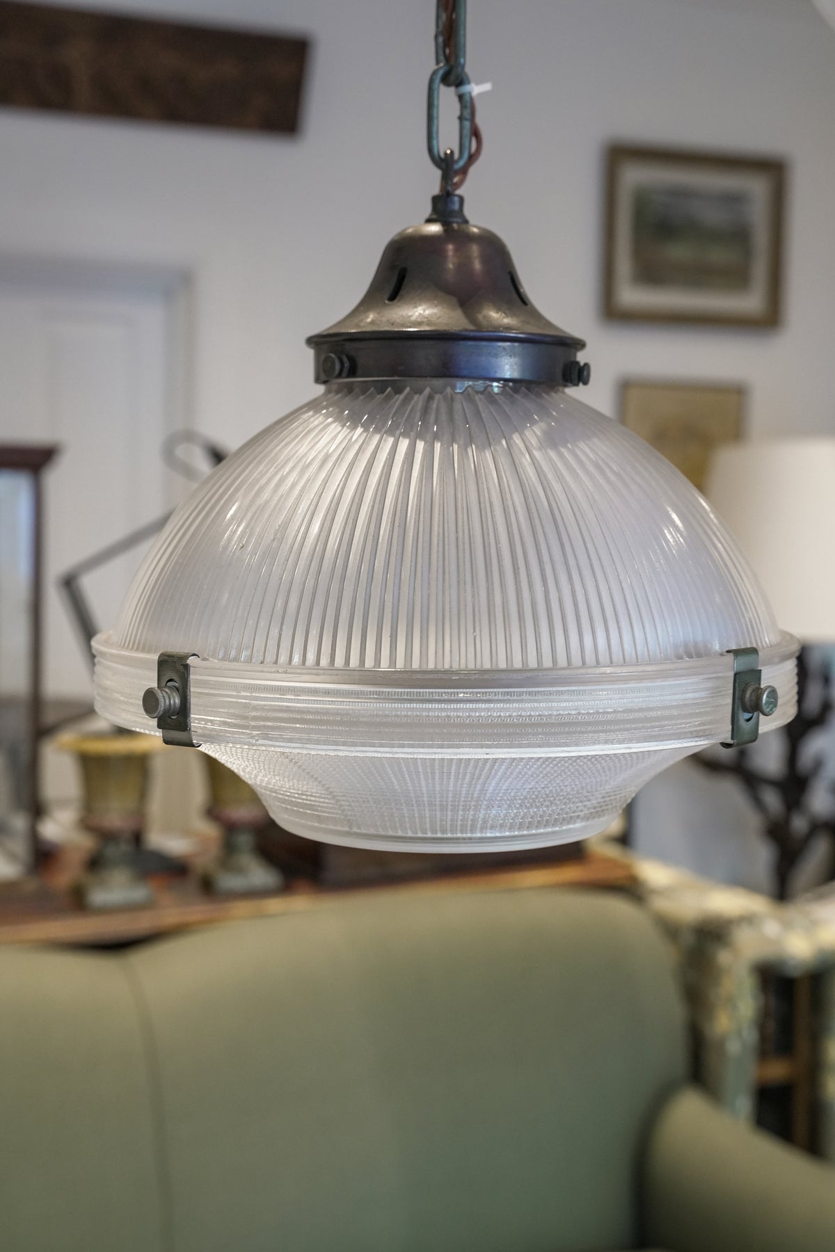 Large Prismatic Holophane Pendant Light.