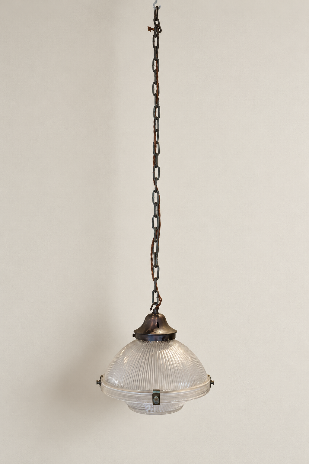 Large Prismatic Holophane Pendant Light.