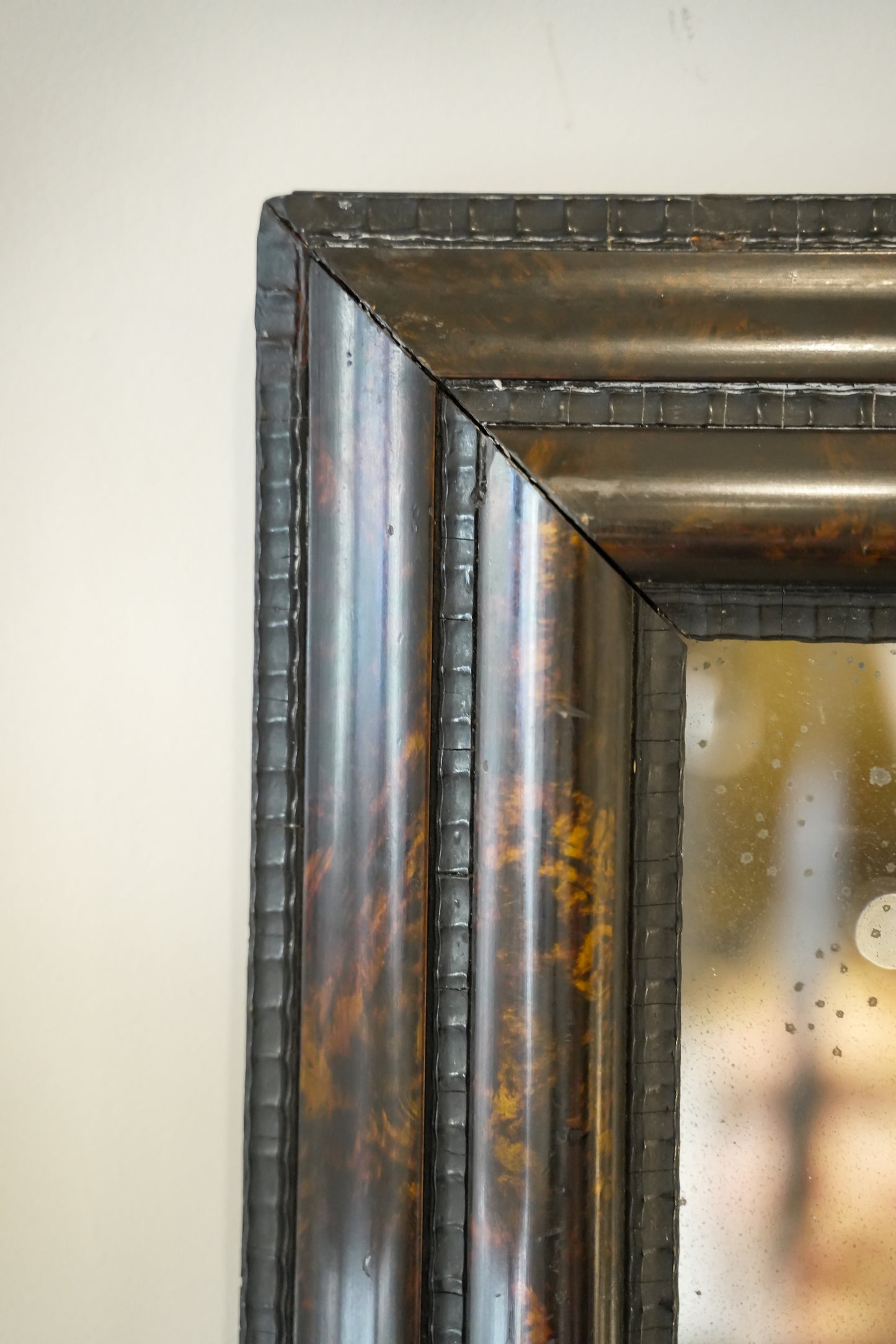 Ebonised & Faux Tortoishell Rippled Framed 18th C Mercury Plate Mirror.