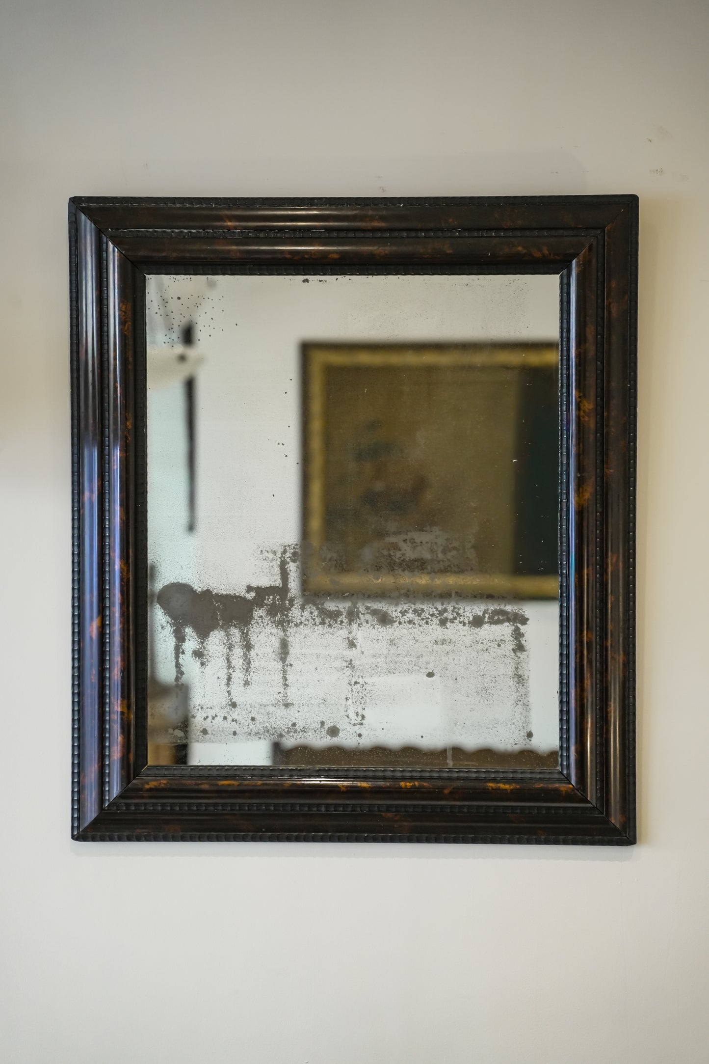 Ebonised & Faux Tortoishell Rippled Framed 18th C Mercury Plate Mirror.