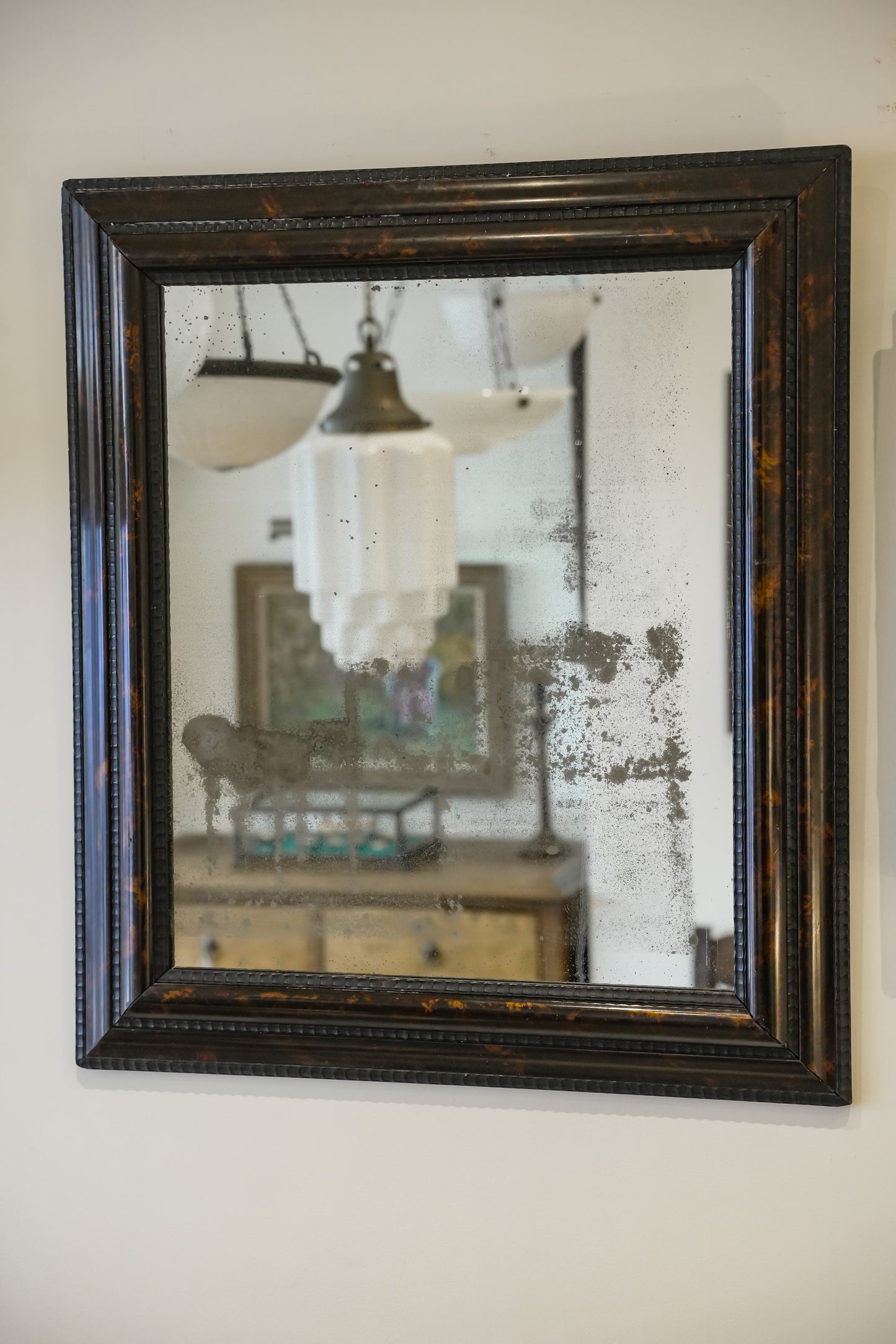 Ebonised & Faux Tortoishell Rippled Framed 18th C Mercury Plate Mirror.