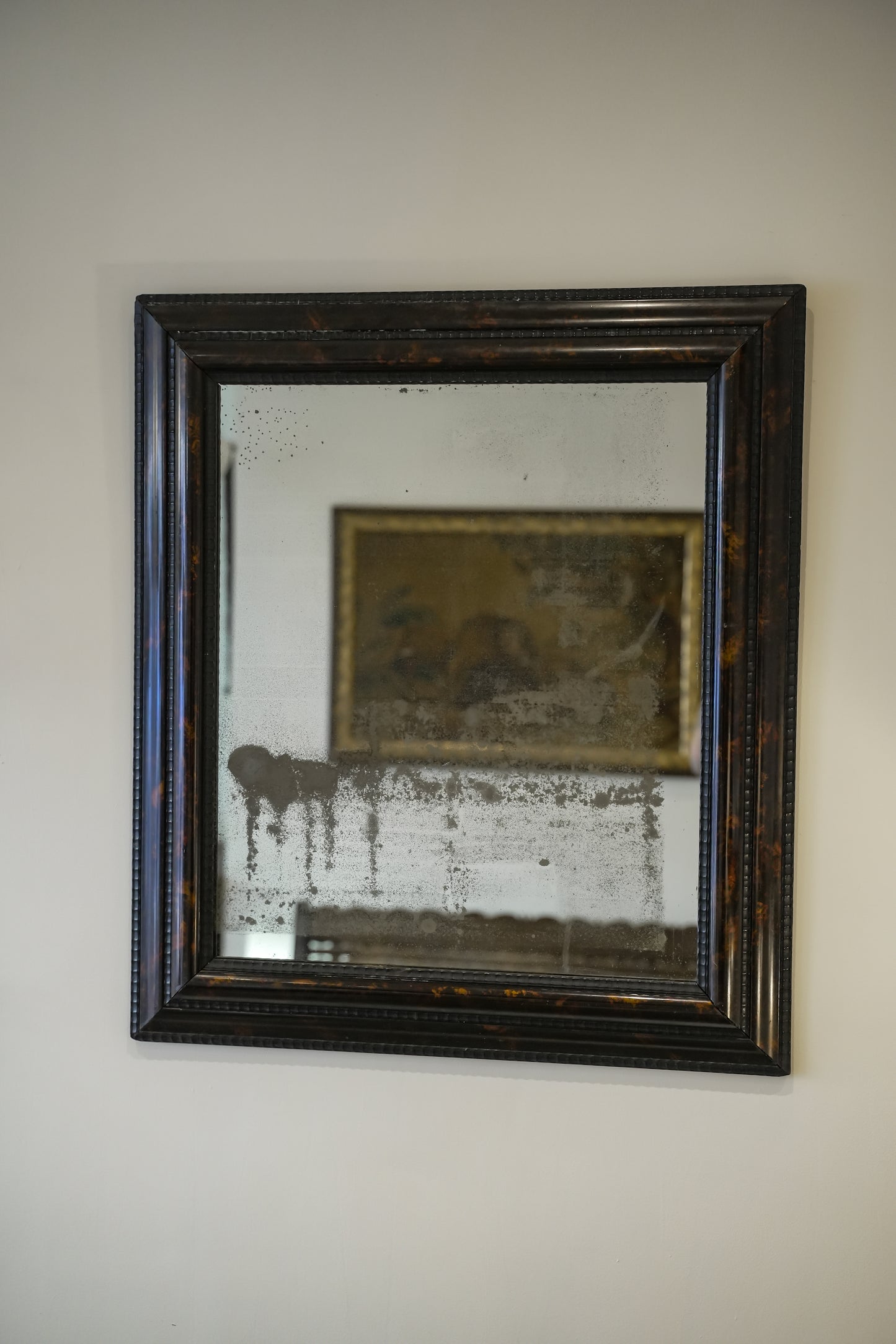 Ebonised & Faux Tortoishell Rippled Framed 18th C Mercury Plate Mirror.
