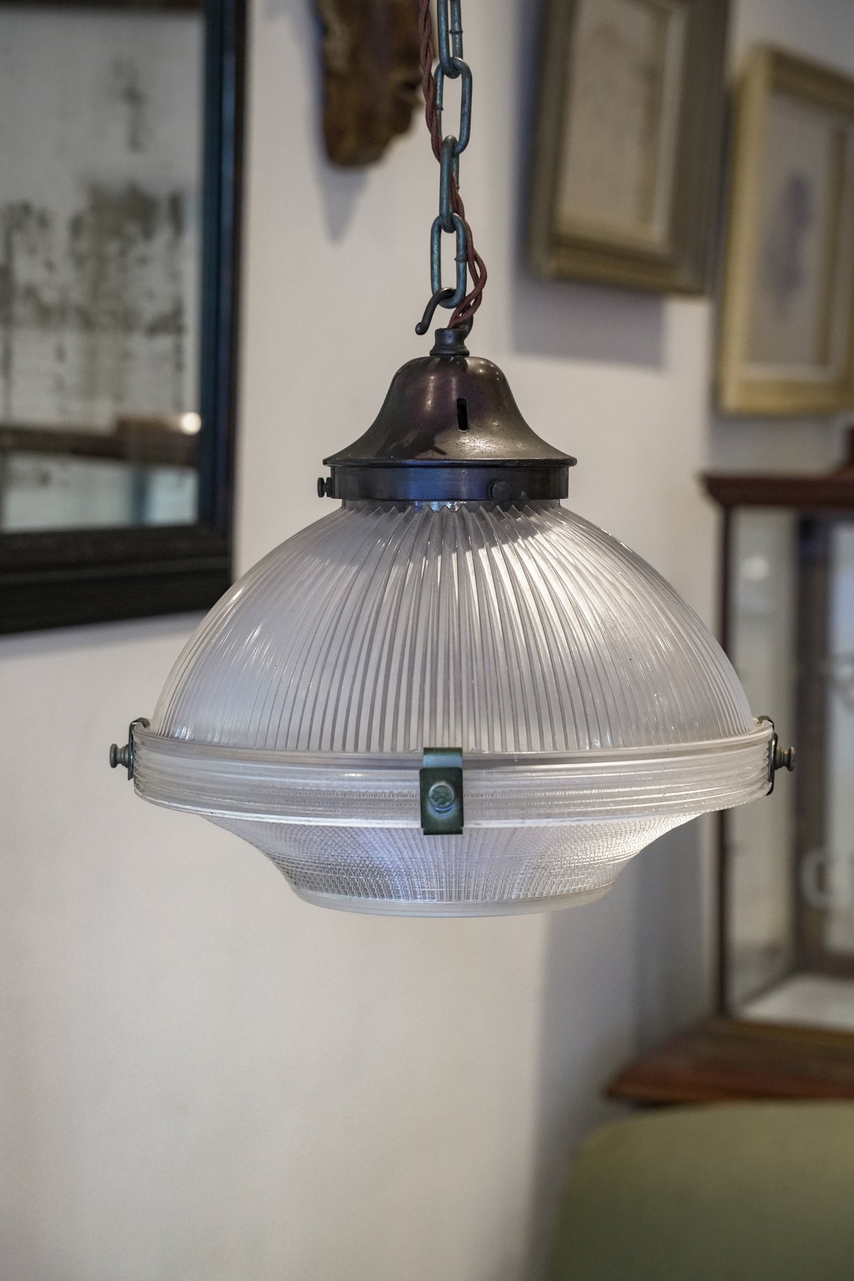 Large Prismatic Holophane Pendant Light.