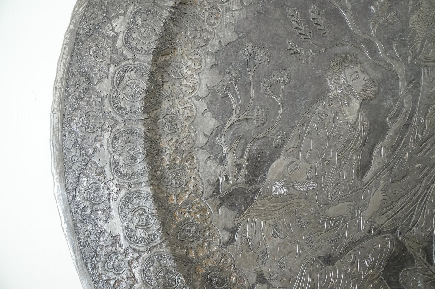 Monumental Antique Indo-Persian Qalamzani Tinned Copper Charger | Probably Kashmiri | 87cm | c.1870–1900.