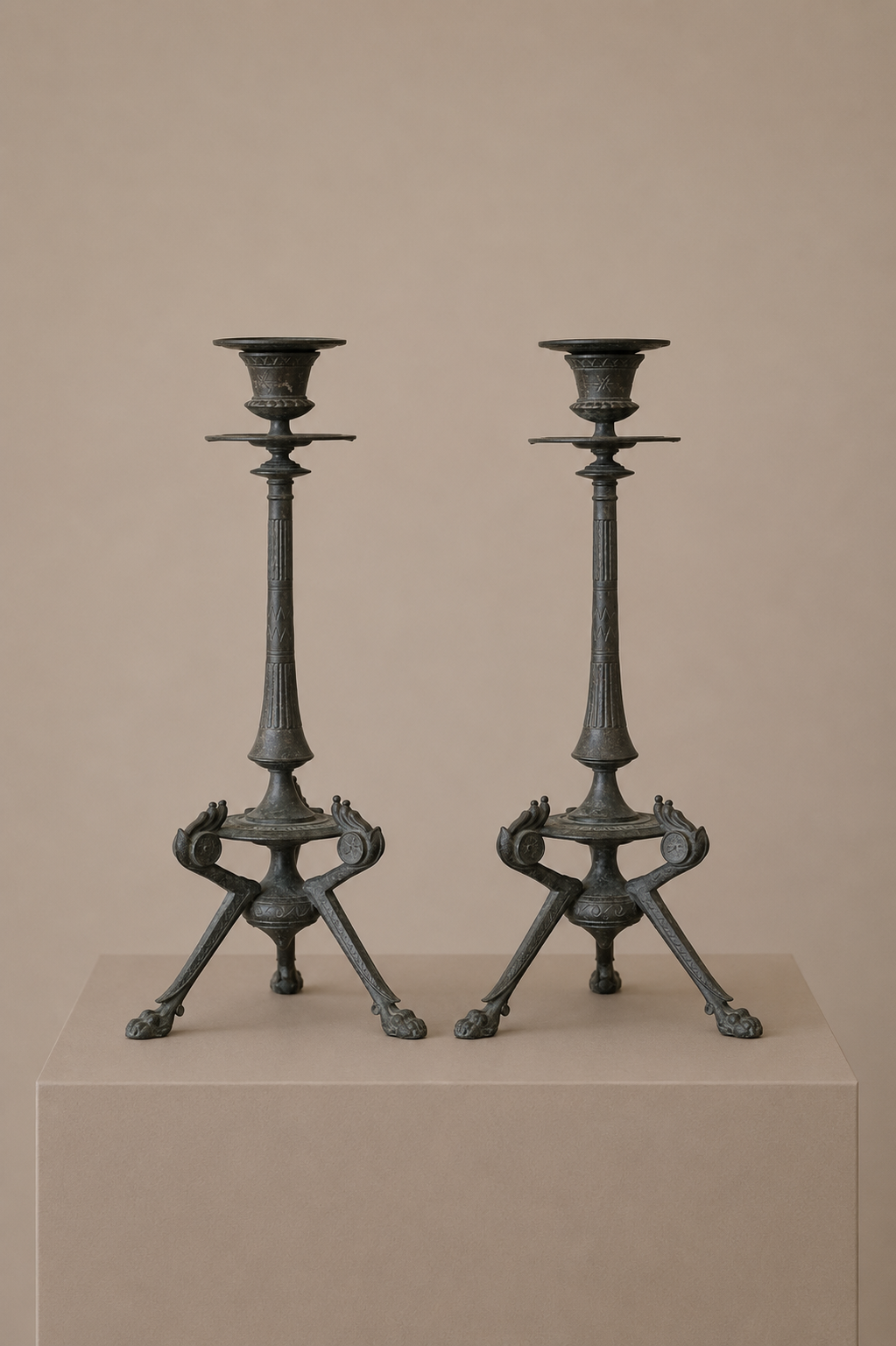 French Neo-Grec spelter candlesticks.