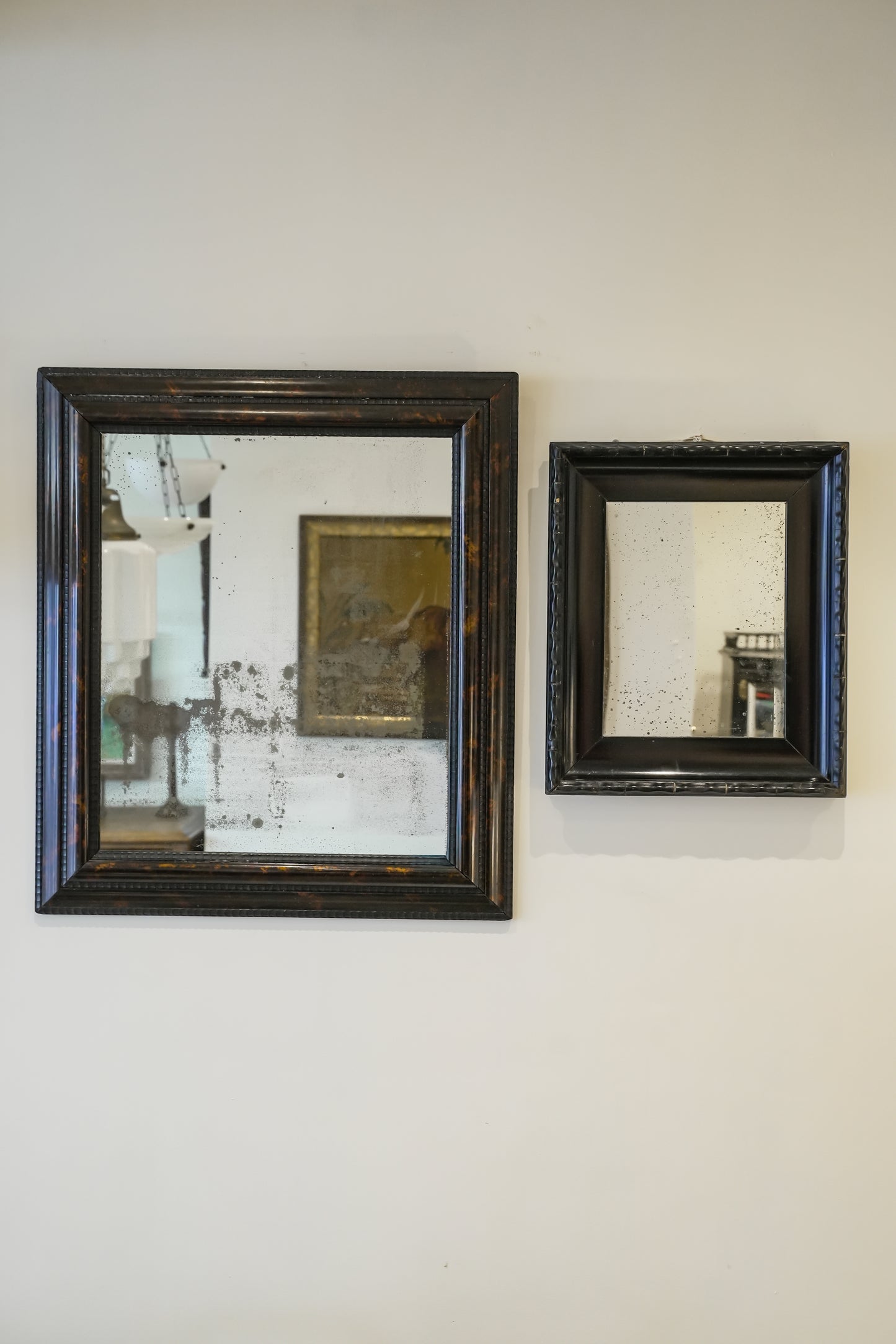 Ebonised & Faux Tortoishell Rippled Framed 18th C Mercury Plate Mirror.